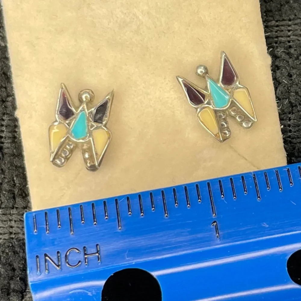 Vintage Zuni Silver Inlay Turquoise/Onyx/Mother of Pearl Butterfly Earrings - Picture 4 of 6